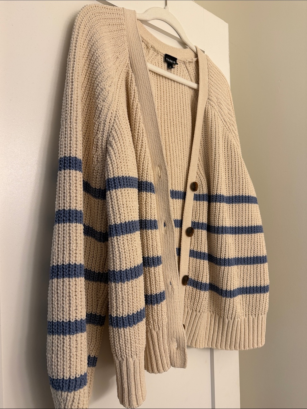 Cream & Blue Striped Button-Up Cardigan - Picture 4 of 5